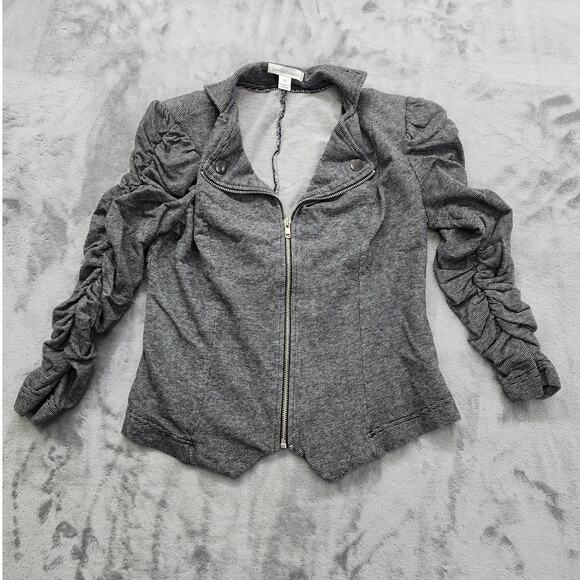 JohnPaulRichard Striped Zip Front Ruched Sleeve Blazer Size S Black Stretch Knit - Picture 1 of 9